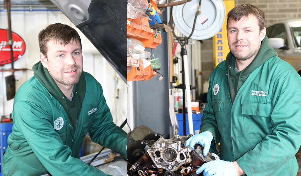 Liam Poll at the bench and working on a stripped Jaguar cylinder head